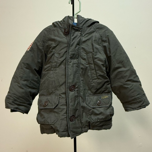 Ralph Lauren Olive Green Down Boys Jacket, Logo Patch, Cotton Shell Size 3T
